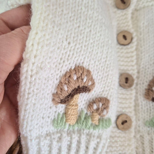 0-3 months Handmade Knitted White Baby Cardigan with Toadstools  (Ready to Send)
