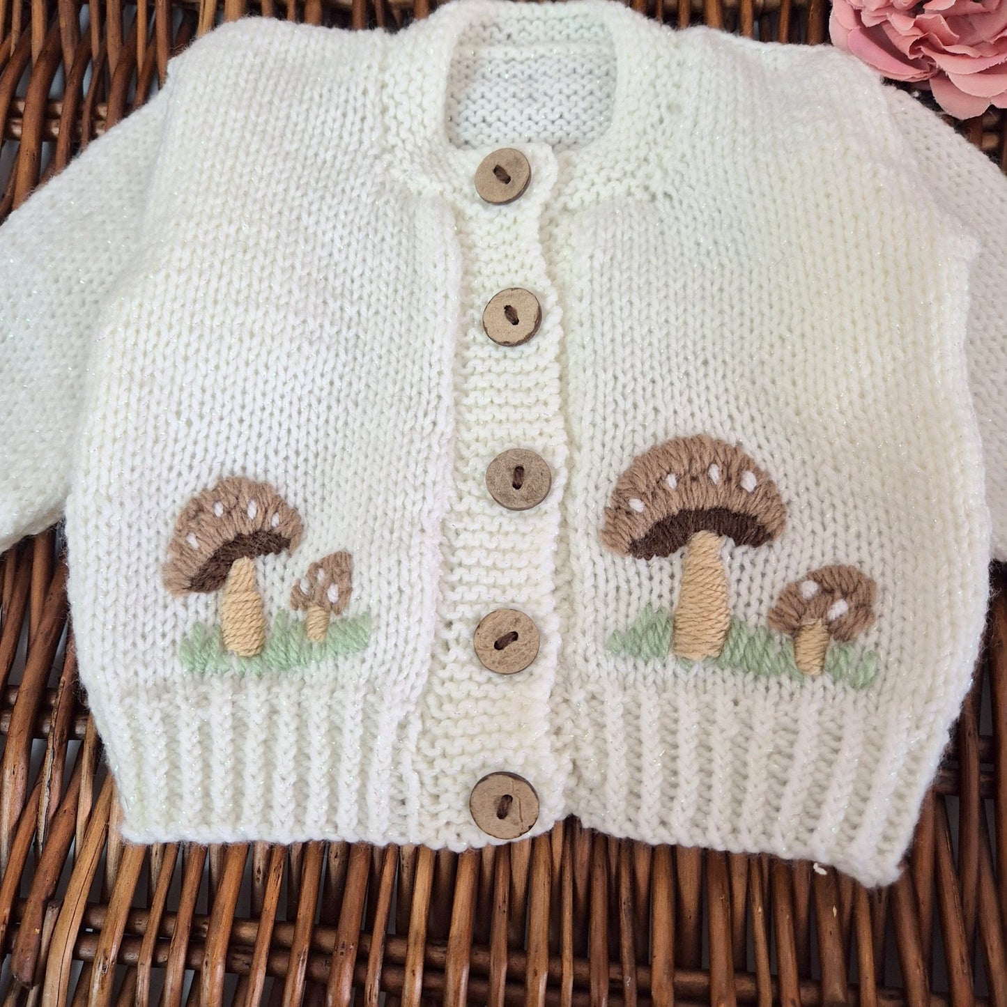 0-3 months Handmade Knitted White Baby Cardigan with Toadstools  (Ready to Send)