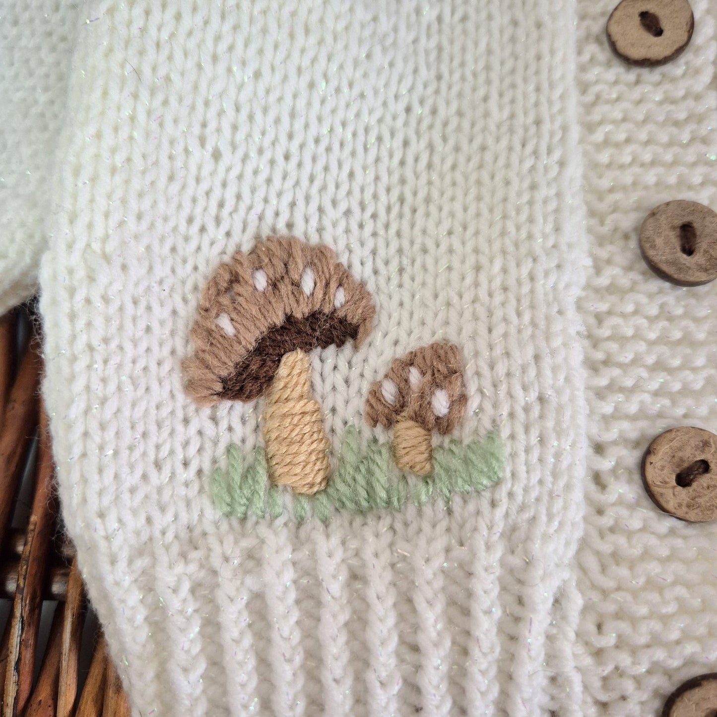 0-3 months Handmade Knitted White Baby Cardigan with Toadstools  (Ready to Send)