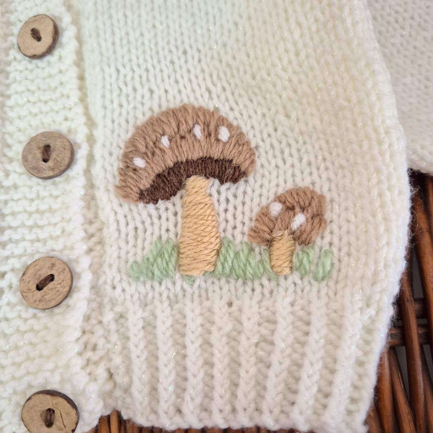 0-3 months Handmade Knitted White Baby Cardigan with Toadstools  (Ready to Send)