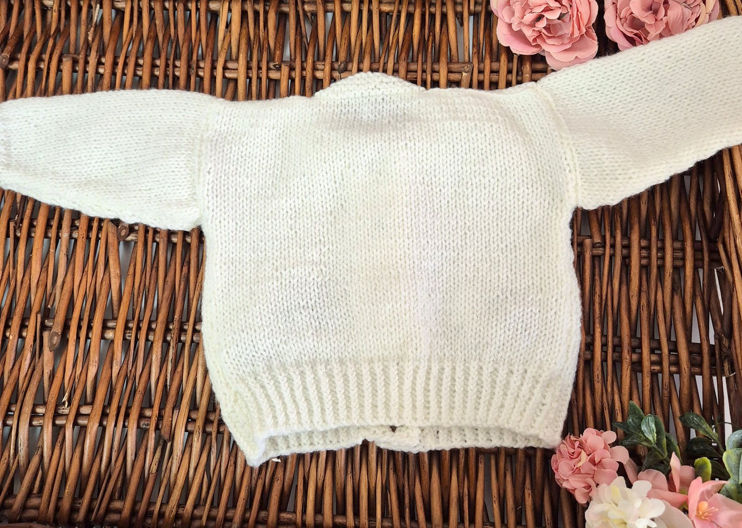 0-3 months Handmade Knitted White Baby Cardigan with Toadstools  (Ready to Send)