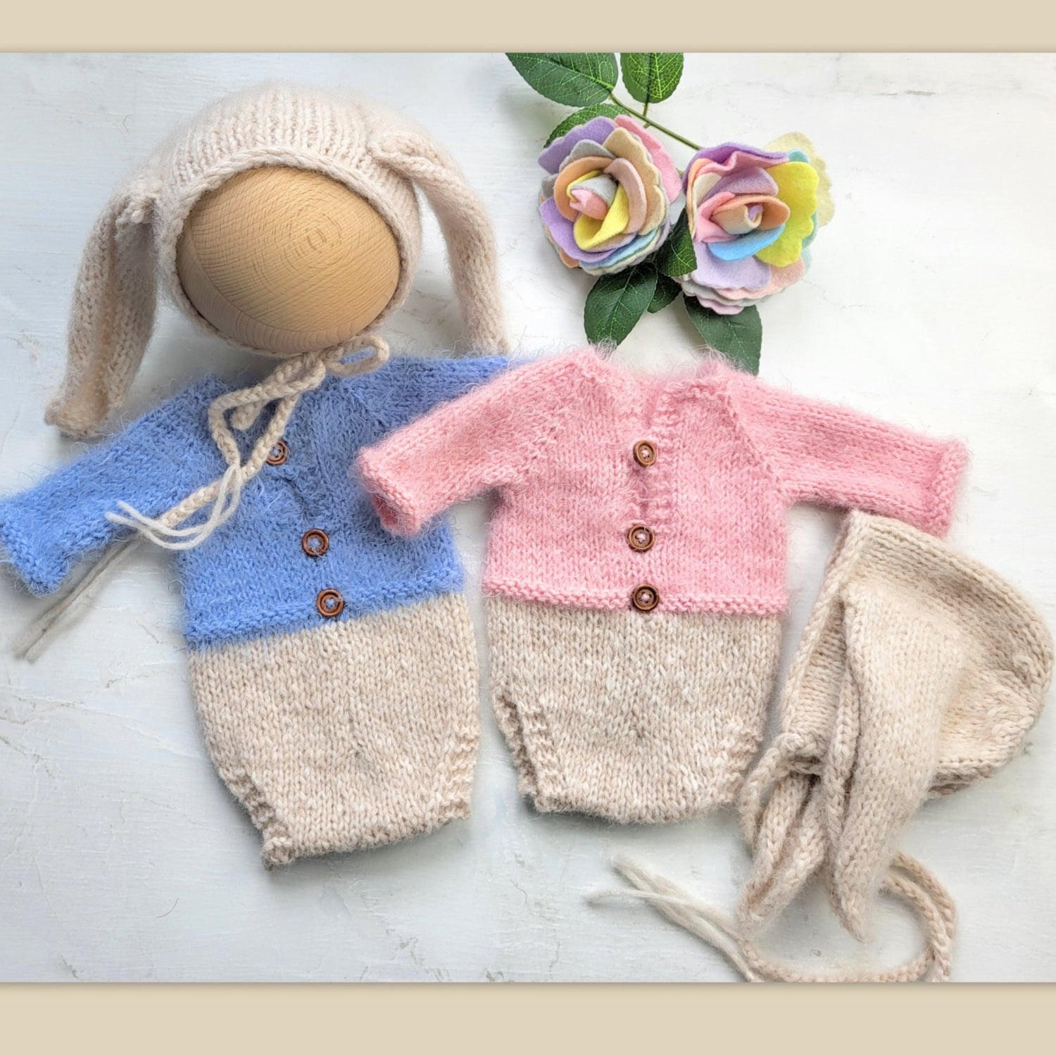 baby boy girl knitted bunny rabbit costume with a blue jacket or pink jacket and knitted bunny ears bonnet