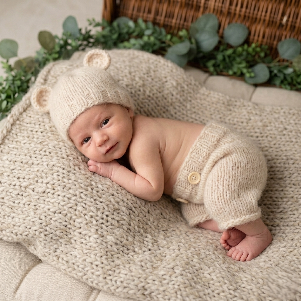 Hand-knitted newborn shorts and bear hat set. The shorts fit snugly over nappies with two wooden button details. Choose between bonnet or beanie style hat. Made from soft alpaca blend yarn that's gentle on delicate skin. Suitable for newborns under 20 days old. Ideal for newborn photography or hospital coming home outfit.. Made to order and dispatched from the UK.&nbsp;