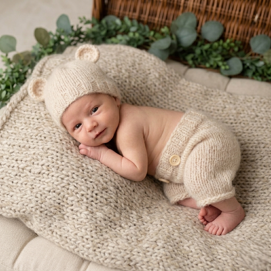 Hand-knitted newborn shorts and bear hat set. The shorts fit snugly over nappies with two wooden button details. Choose between bonnet or beanie style hat. Made from soft alpaca blend yarn that's gentle on delicate skin. Suitable for newborns under 20 days old. Ideal for newborn photography or hospital coming home outfit.. Made to order and dispatched from the UK.&nbsp;