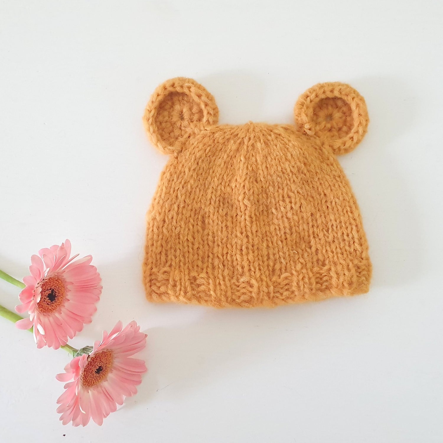mustard knitted baby bear hat