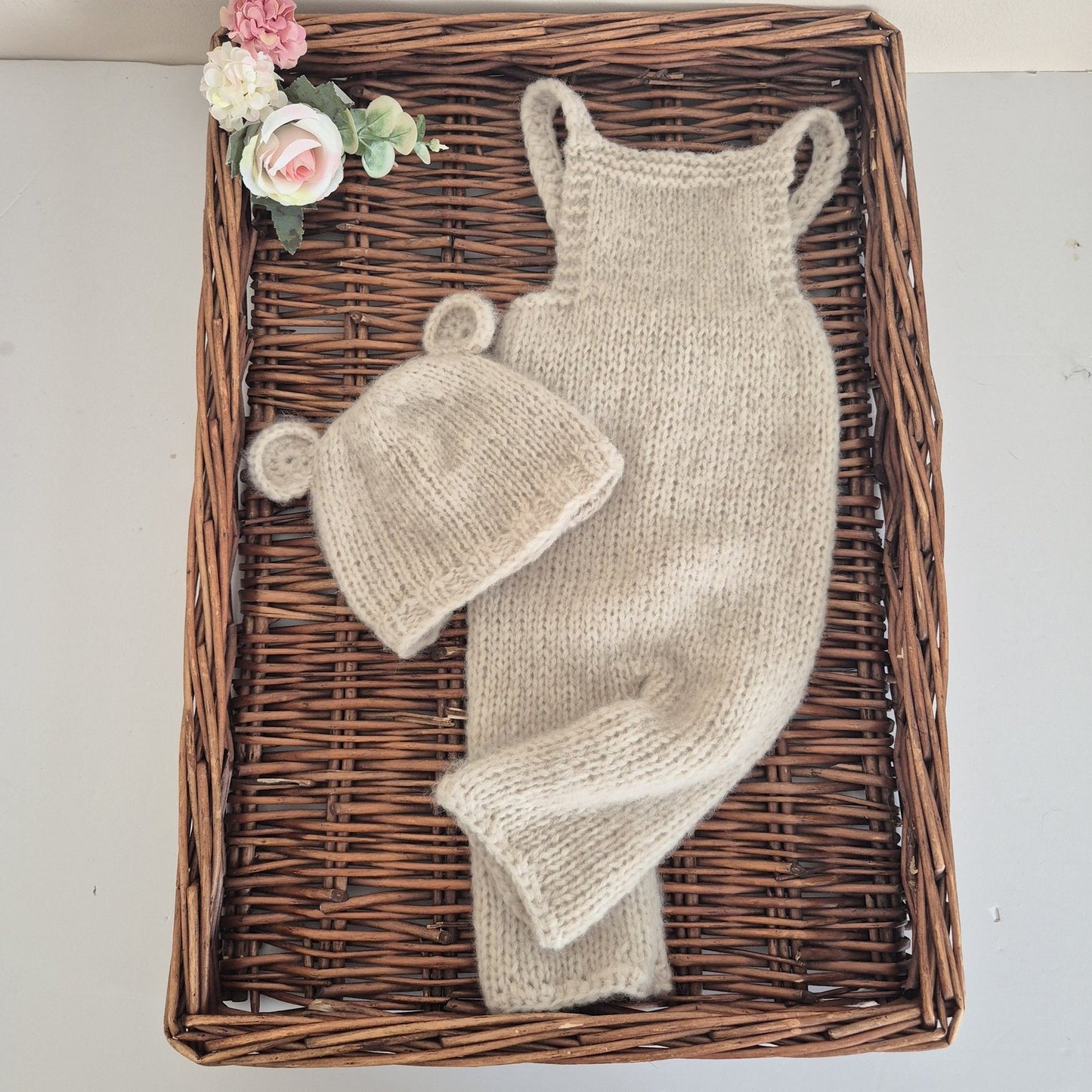 Handknit Baby Dungaree style Romper and Bear Bonnet or Beanie. Newborn Photo Prop. Coming home Outfit.Newborn - 3 months (Made to order)
