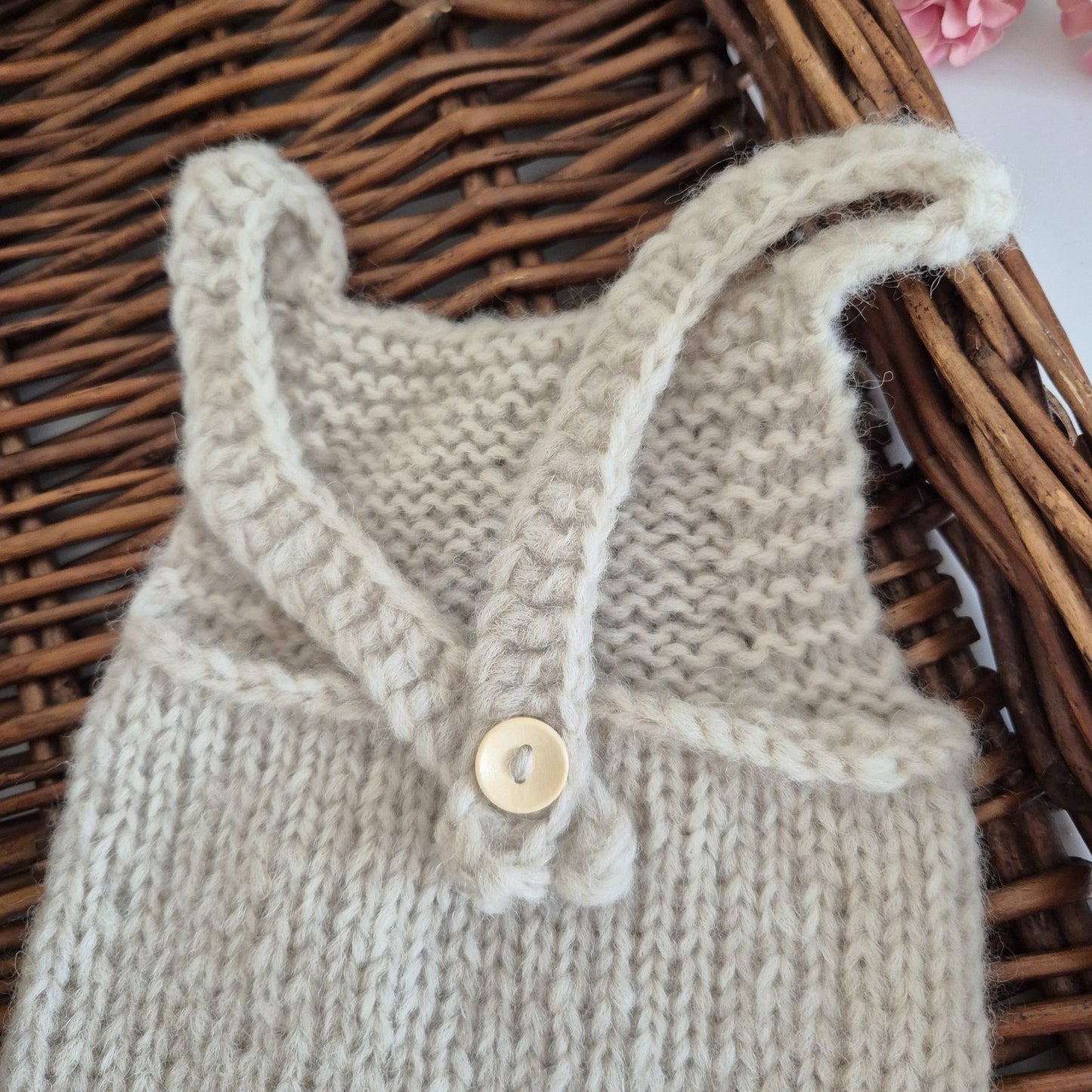Handknit Newborn Dungaree style Romper with Bear Bonnet, Photography Prop (READY TO SEND)