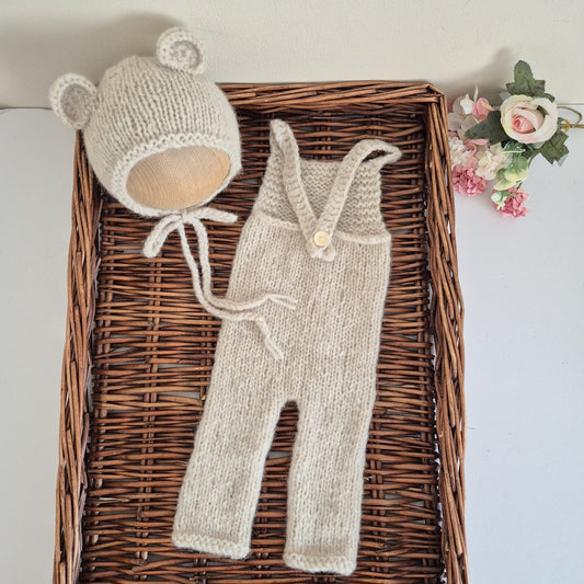 Handknit Newborn Dungaree style Romper with Bear Bonnet, Photography Prop (READY TO SEND)