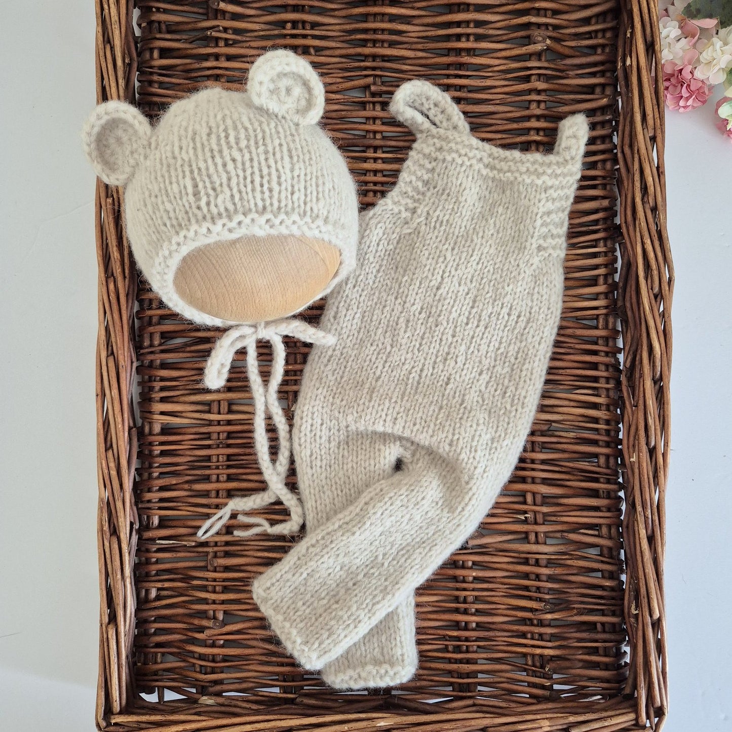 Handknit Newborn Dungaree style Romper with Bear Bonnet, Photography Prop (READY TO SEND)