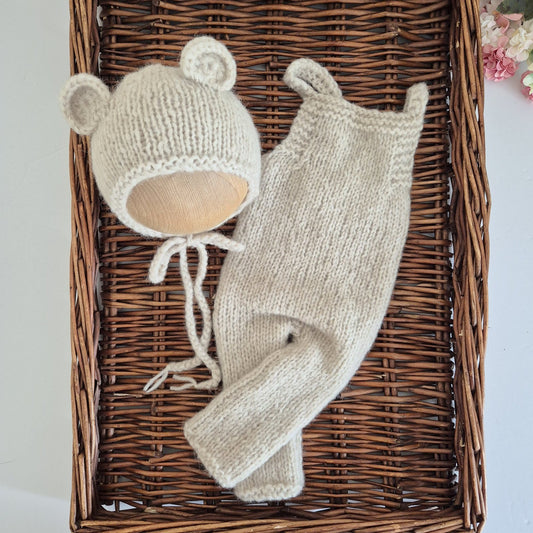 Handknit Newborn Dungaree style Romper with Bear Bonnet, Photography Prop (READY TO SEND)