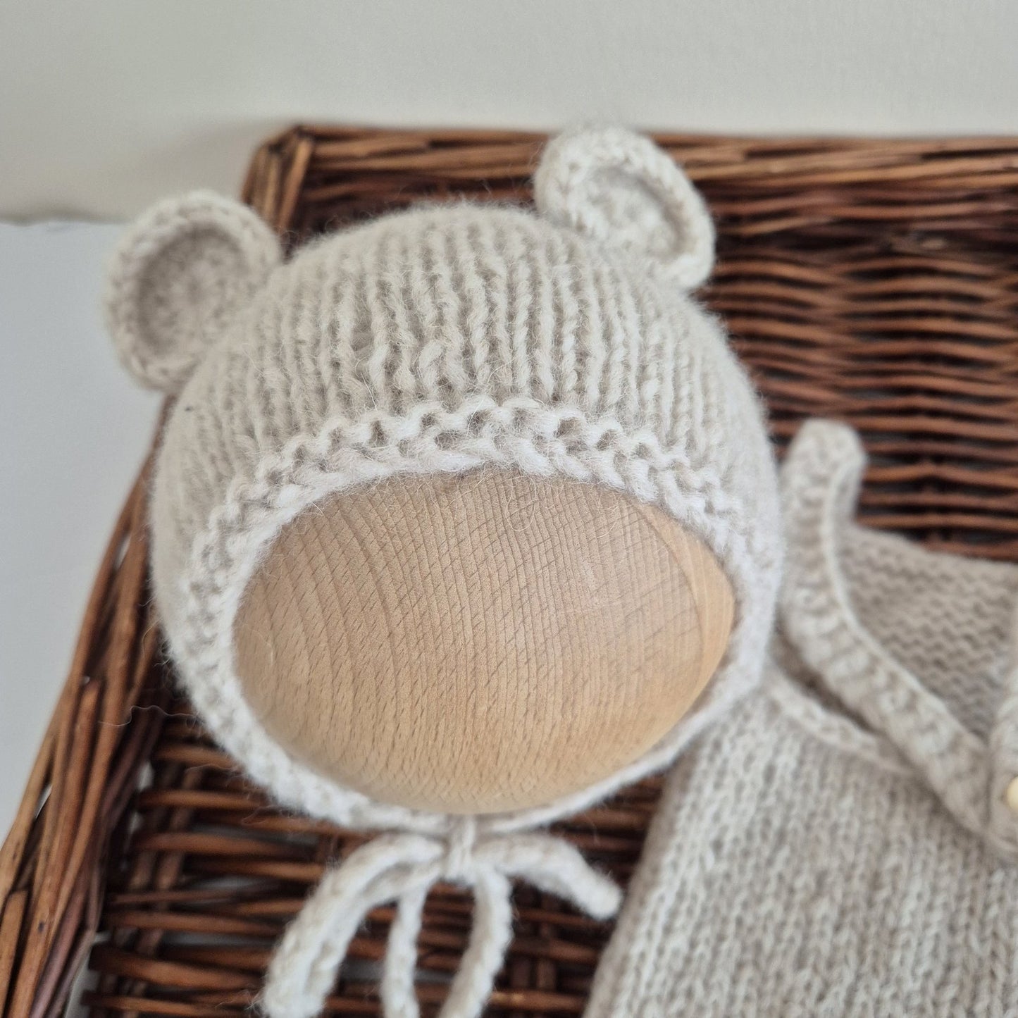 Handknit Newborn Dungaree style Romper with Bear Bonnet, Photography Prop (READY TO SEND)