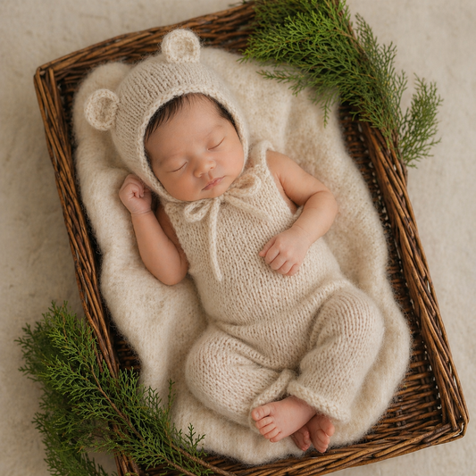 My Best Selling handknit Baby Bear Romper and Bear bonnet set photography prop&nbsp;

Cute baby dungarees, with shoulder straps, &nbsp;an easy fit for any baby,
Sweet little wooden buttons on the front.&nbsp;

A matching bonnet or beanie ( the bonnet is designed for use as a photo prop, so please choose a beanie if you would like baby to wear the outfit other than as a prop)&nbsp;

Handknit in soft alpaca yarn, that is very soft against your babys skin.

This makes a lovely gift for a new baby

Baby bear ha