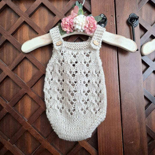 Hand Knit Lace Pattern Baby Girl Romper and Bonnet set,  Newborn Photo Prop, Baby Gift.  (Made to order) Newborn or 0-3 months sizes