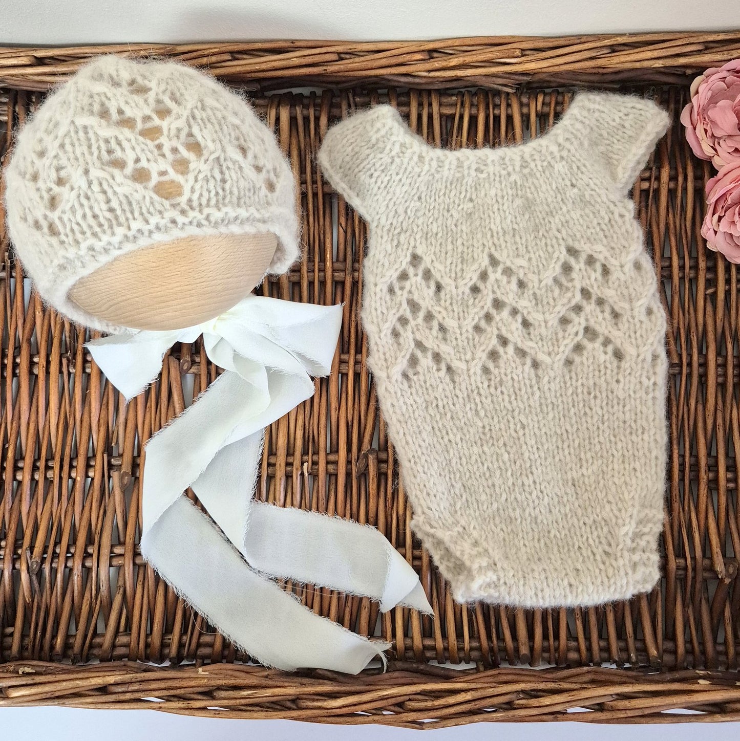 Knit Alpaca Newborn Baby Girl Lacy Romper matching Bonnet (Made to order) choose a colour!