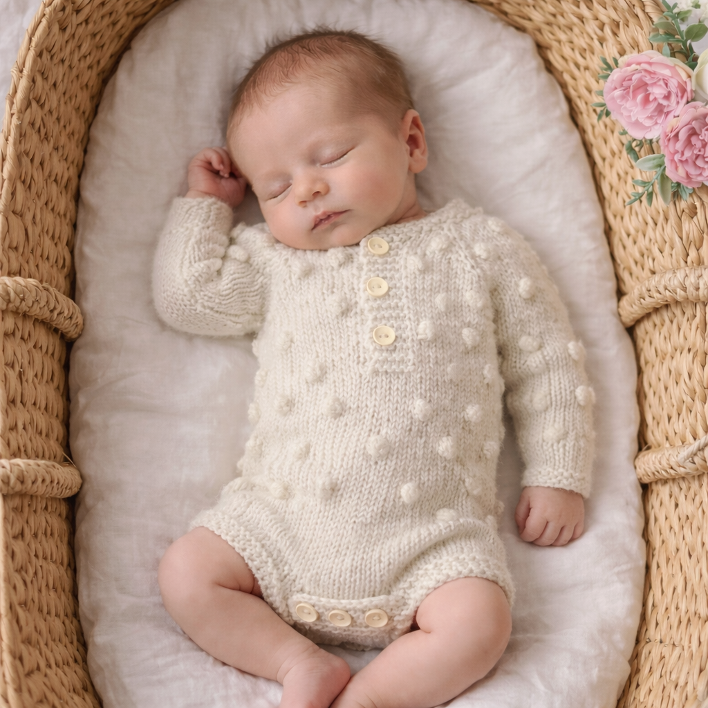 handknit baby romper in cream yarn with popcorn bubble pattern, for a baby coming home outfit, or newborn photo shoot