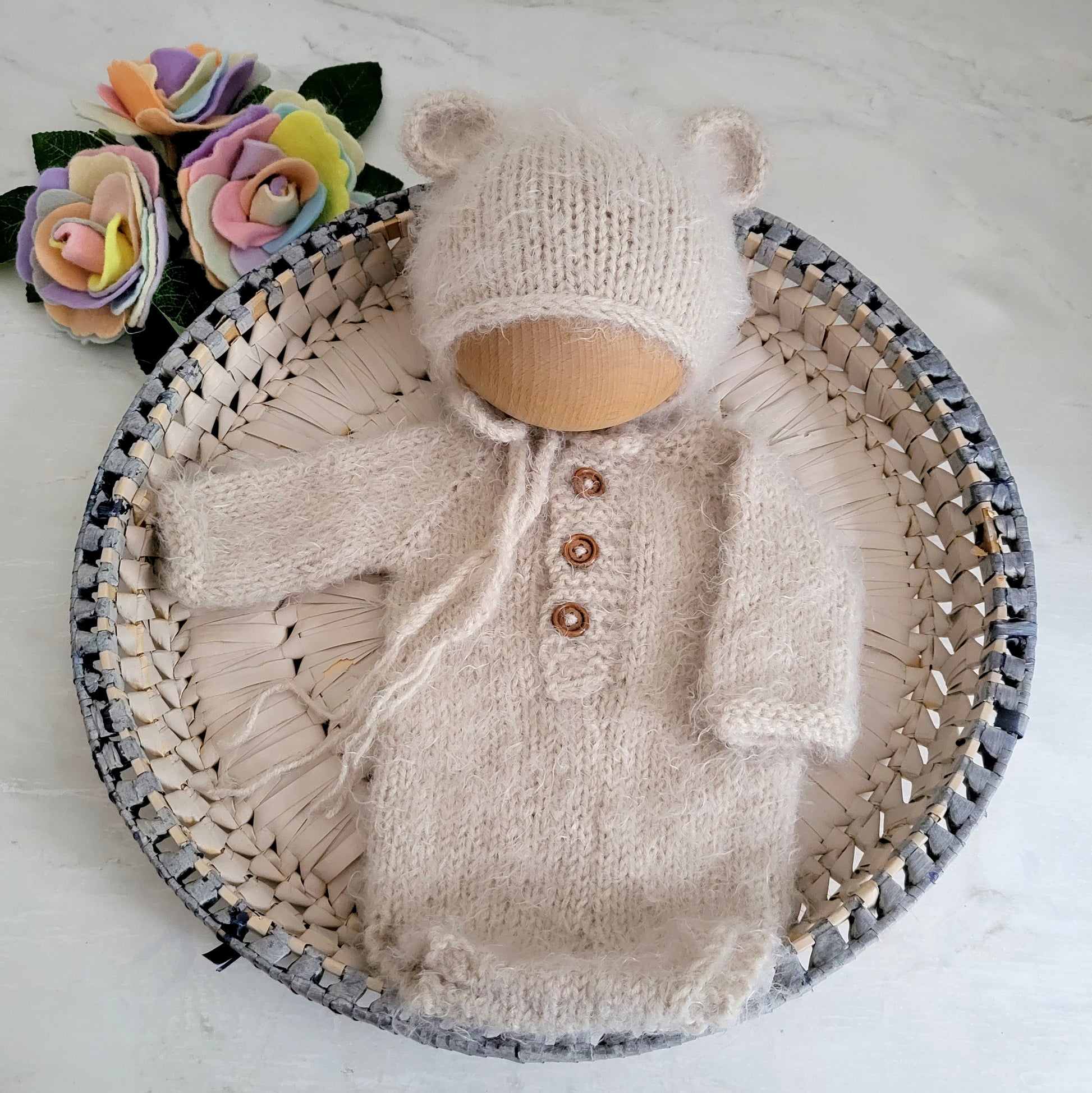 knitted fluffy beige newborn legless long sleeved romper with bear bonnet