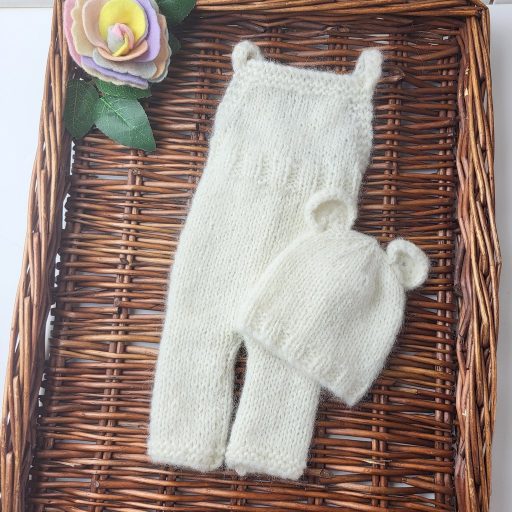 Cream Bear Hat and Dungaree set for Newborn Baby  (Ready to Send)