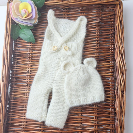 Cream Bear Hat and Dungaree set for Newborn Baby  (Ready to Send)