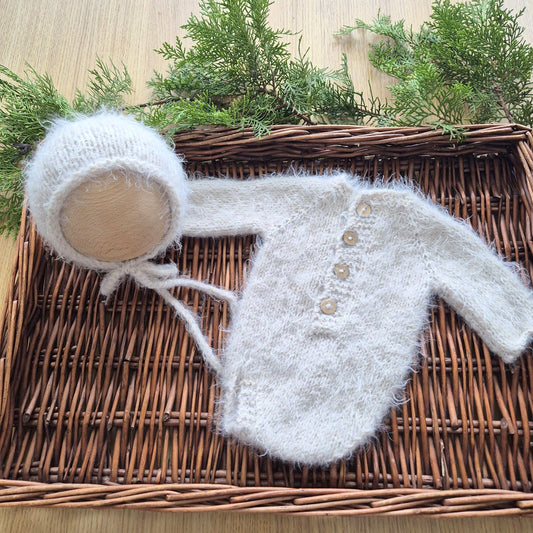 Fuzzy Beige Newborn Romper and Bonnet set (Ready to Send) Newborn Photo prop