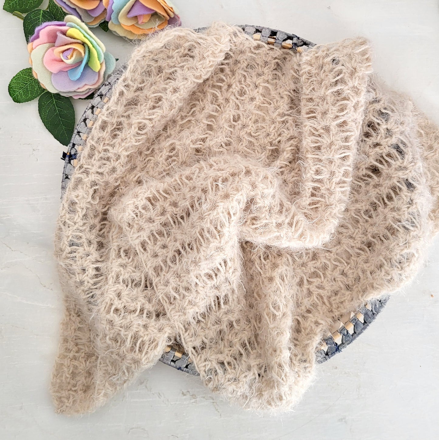 beige crochet lacy wrap posing layer for newborn photo shoots