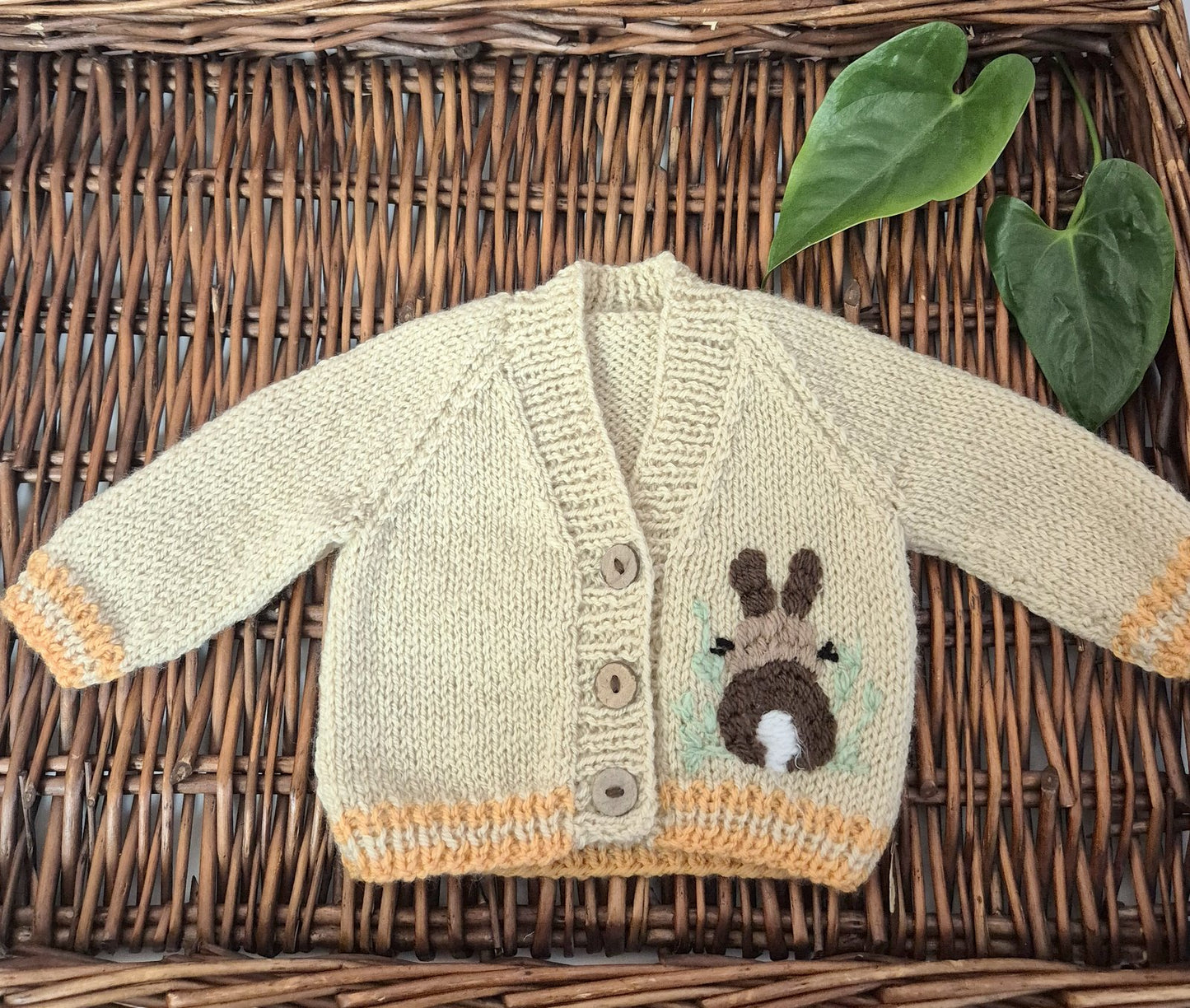 0-3 months Beige Knitted Baby Cardigan with Bunny Embroidery   (Ready to Send)
