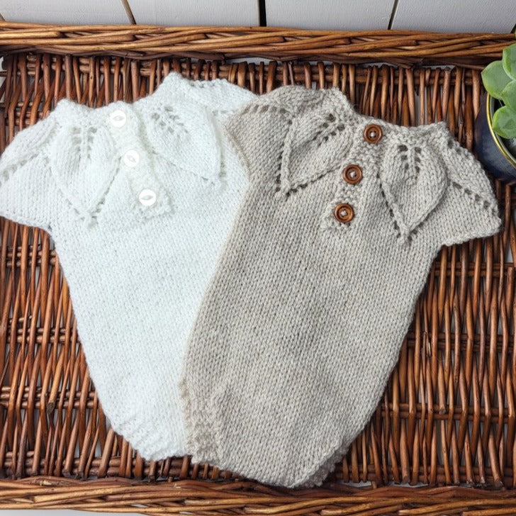 knitted newborn romper with leaf pattern choose from beige or white