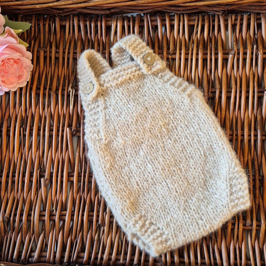 Handknit Newborn Dungaree style Romper in Beige Alpaca yarn, Photography Prop (READY TO SEND)