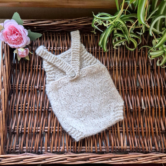 Handknit Newborn Dungaree style Romper in Beige Alpaca yarn, Photography Prop (READY TO SEND)