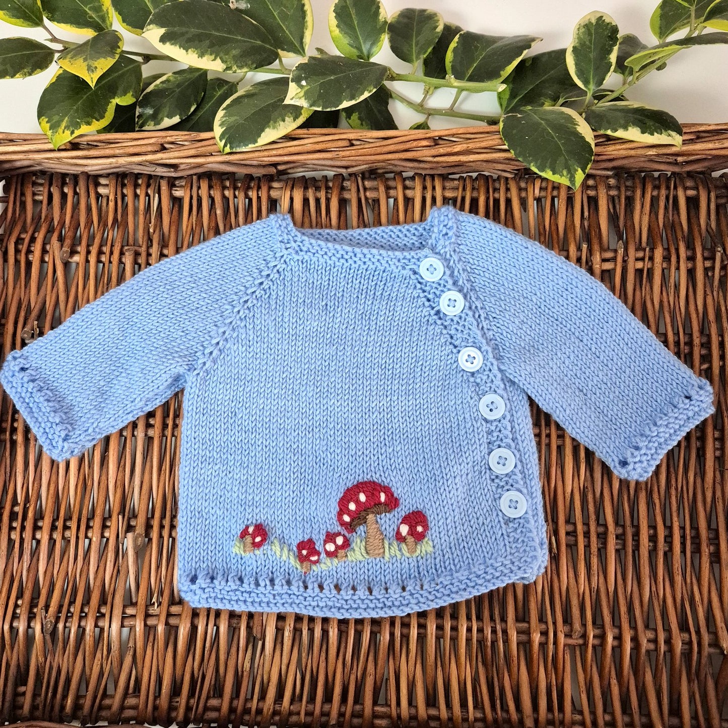 Handmade 0-3 months Knitted Blue Baby Cardigan with Toadstools  (Ready to Send)