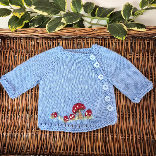 Handmade 0-3 months Knitted Blue Baby Cardigan with Toadstools  (Ready to Send)