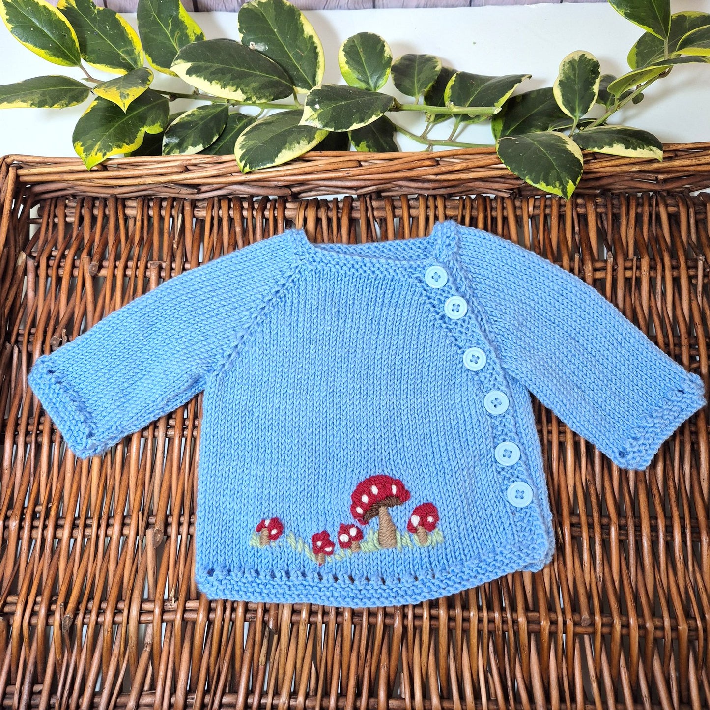 Handmade 0-3 months Knitted Blue Baby Cardigan with Toadstools  (Ready to Send)