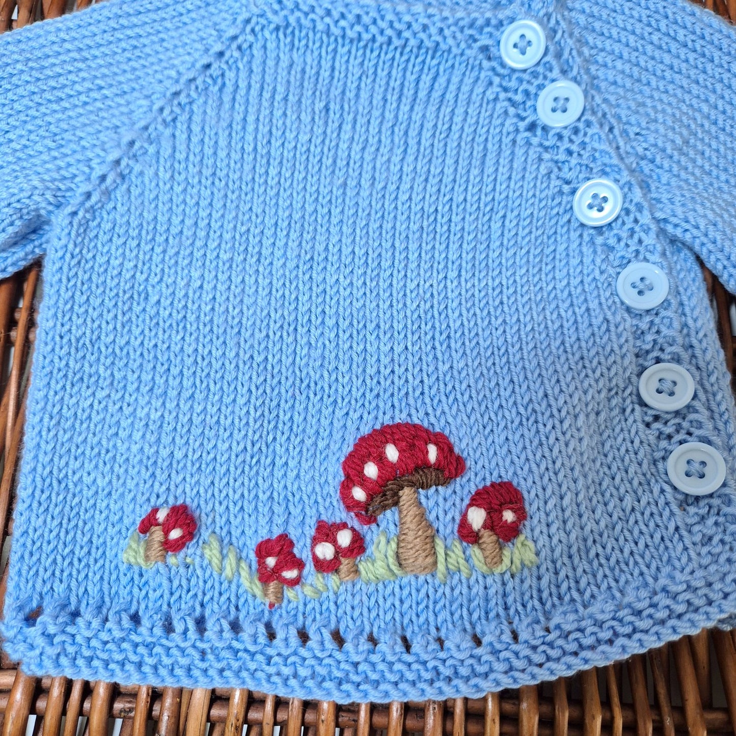 Handmade 0-3 months Knitted Blue Baby Cardigan with Toadstools  (Ready to Send)