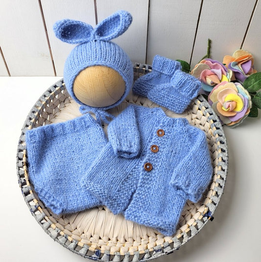 knitted baby boy blue easter bunny outfit jumper bonnet booties and pants