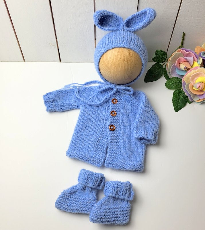 blue knit baby cardigan and bunny bonnet with matching booties