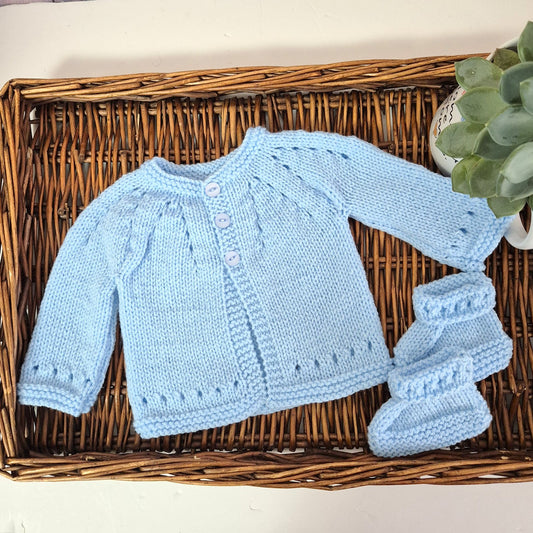 Knitted  Blue Baby Cardigan, booties and hat baby boy gift set 0-3 months (Ready to Send)