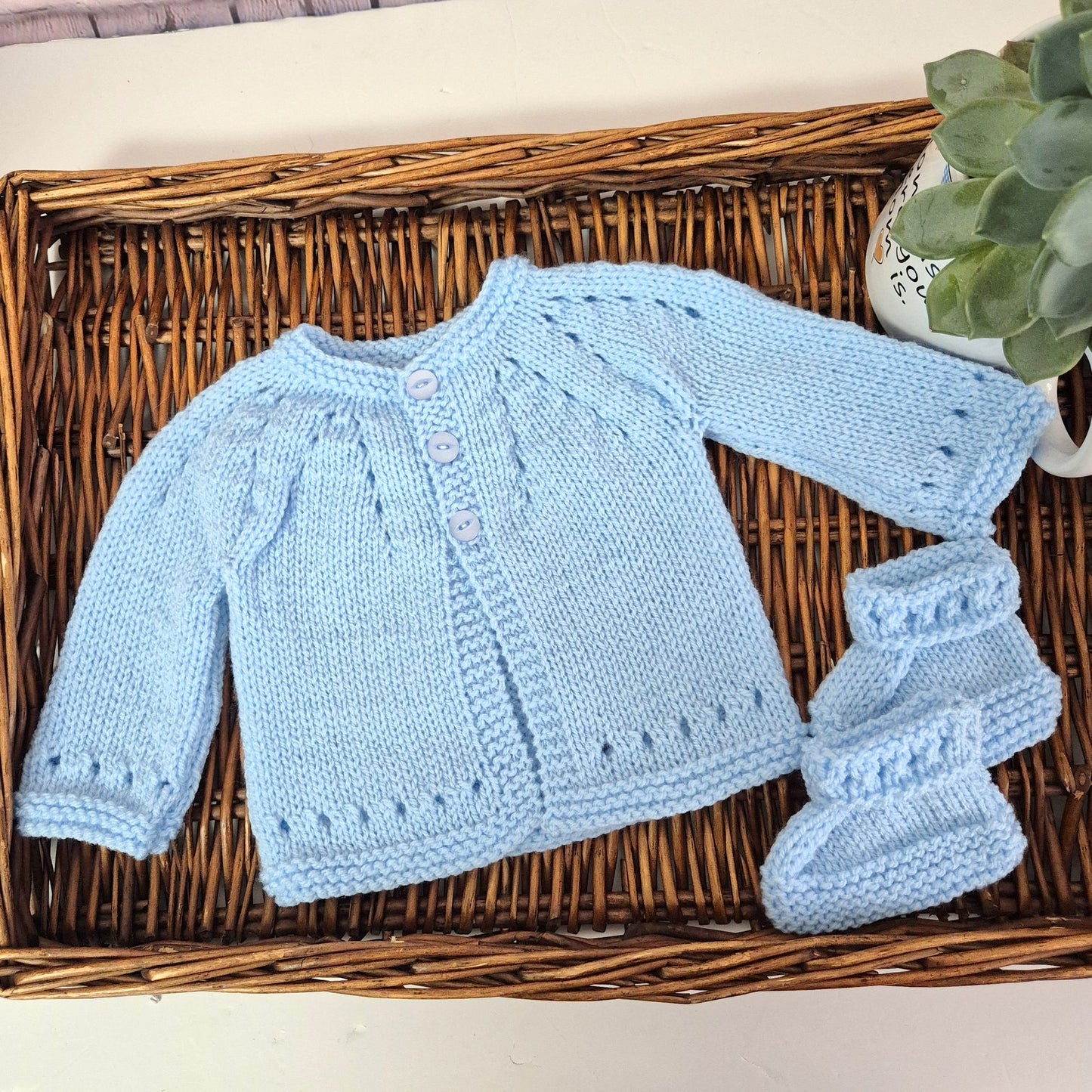 Knitted  Blue Baby Cardigan, booties and hat baby boy gift set 0-3 months (Ready to Send)