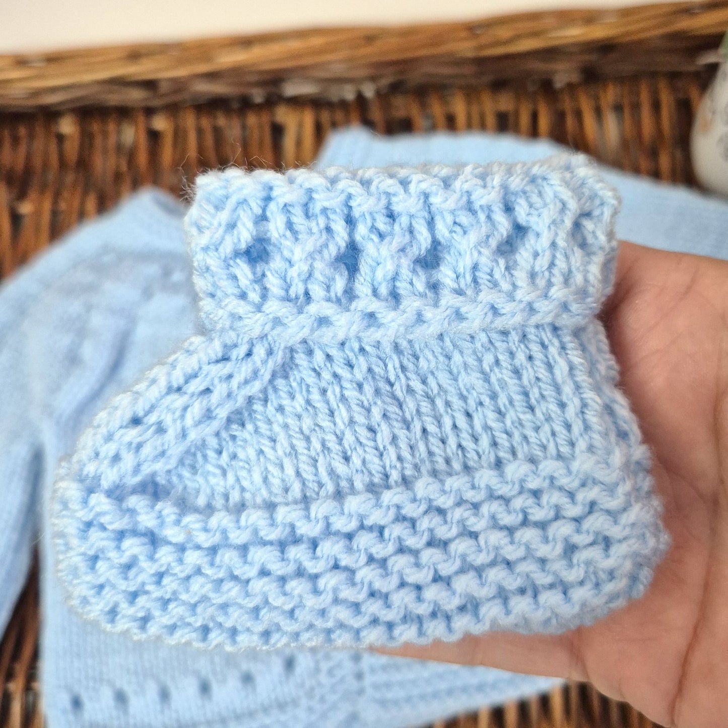 Knitted  Blue Baby Cardigan, booties and hat baby boy gift set 0-3 months (Ready to Send)