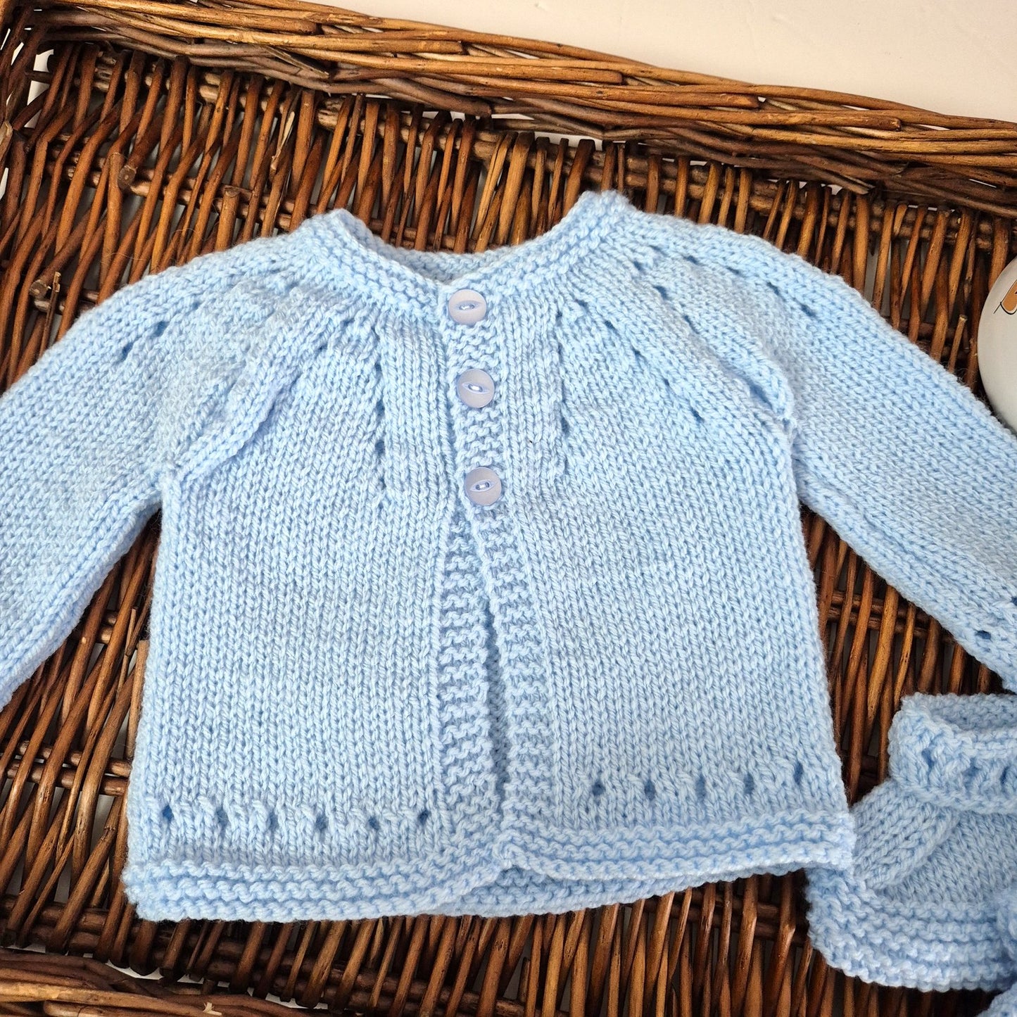 Knitted  Blue Baby Cardigan, booties and hat baby boy gift set 0-3 months (Ready to Send)