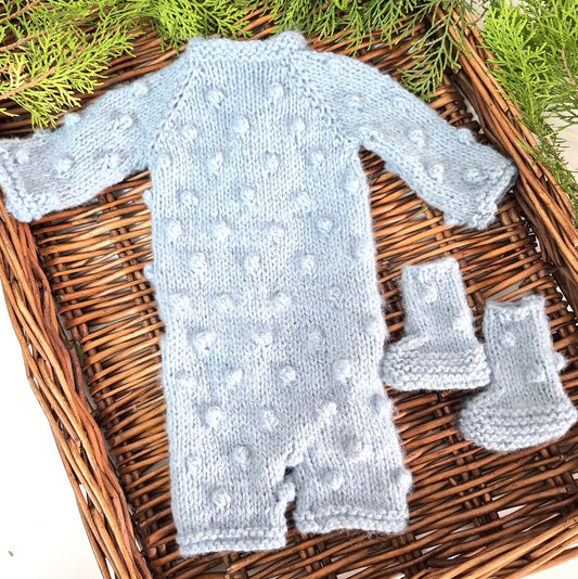 Blue Newborn Boys Long Sleeve Popcorn romper with matching sock booties (Ready to Send