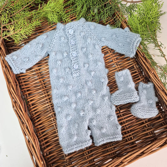 Blue Newborn Boys Long Sleeve Popcorn romper with matching sock booties (Ready to Send