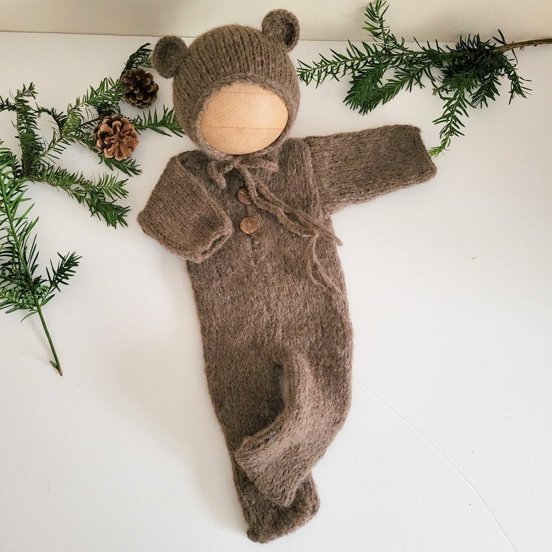 Hand made Baby footed (or open foot) Romper Pyjama And Bear Bonnet set - Newborn to 3 months sizes (Made to order)