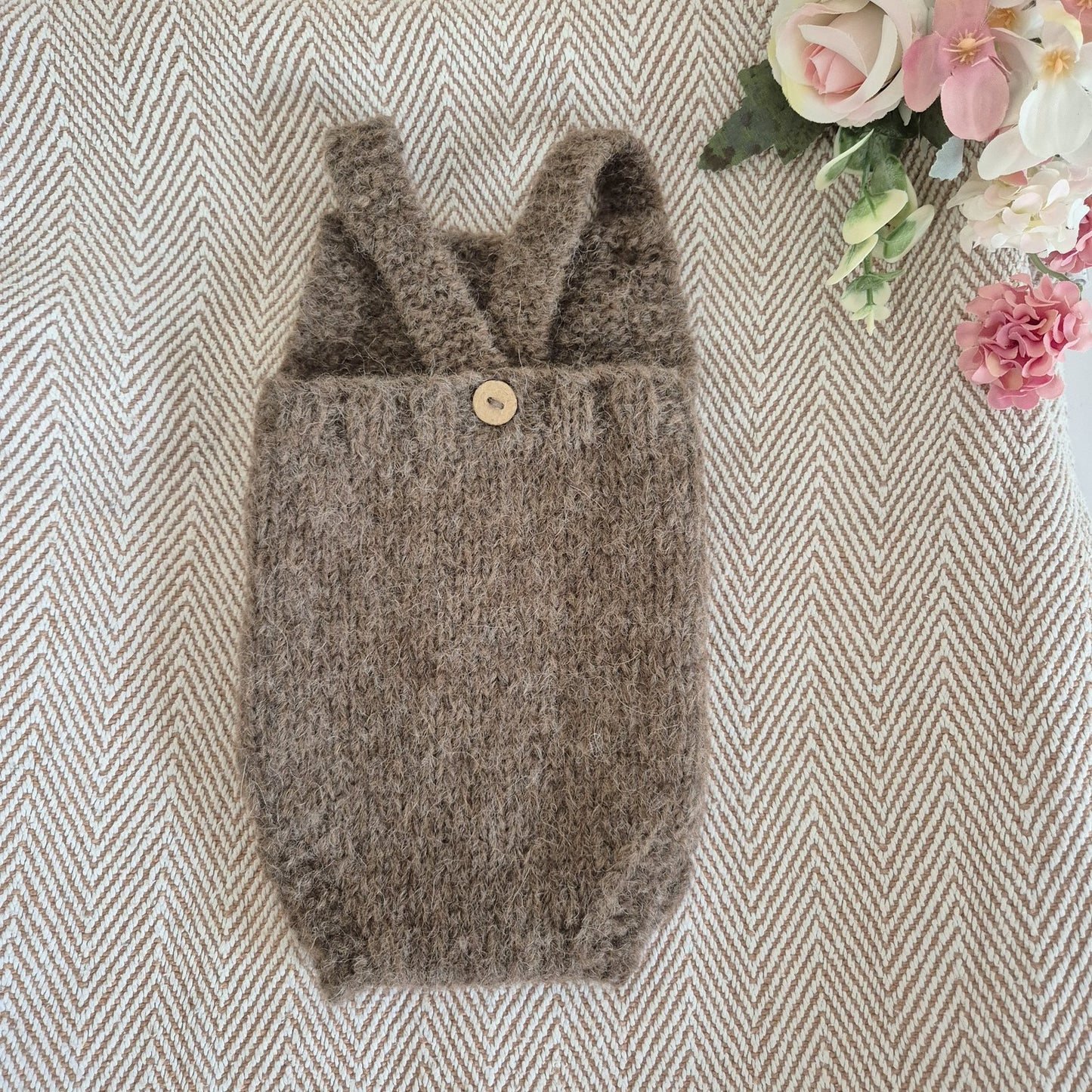 Knitted Newborn Romper in Brown Alpaca yarn, Photography Prop (READY TO SEND)