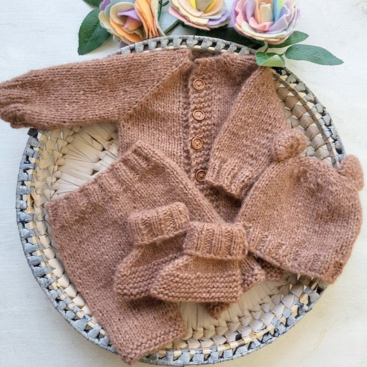 Brown knitted baby jumper cardigan with matching shorts , bear beanie and booties.