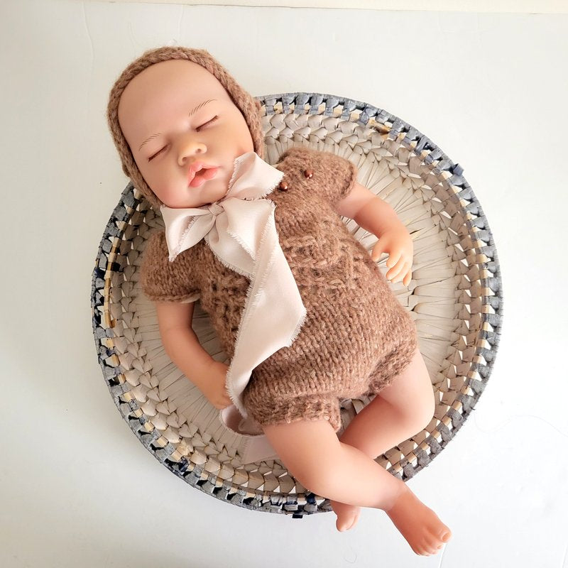 brown newborn baby romper and bonnet set with big bow