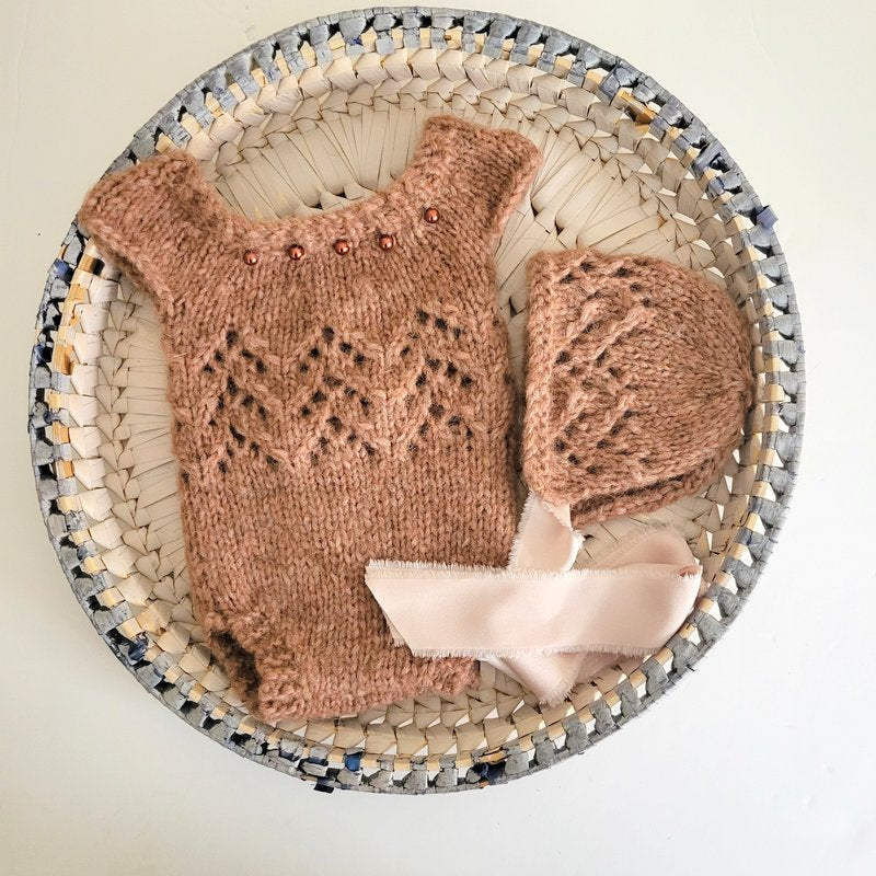 knit lace newborn romper and bonnet set