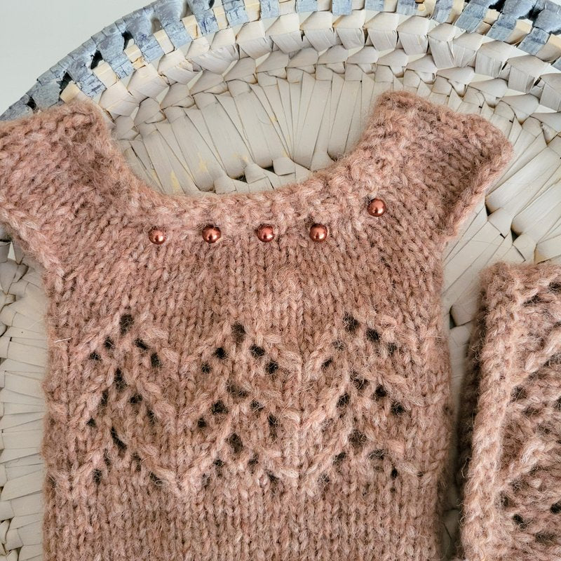 brown knit lace romper with pearls