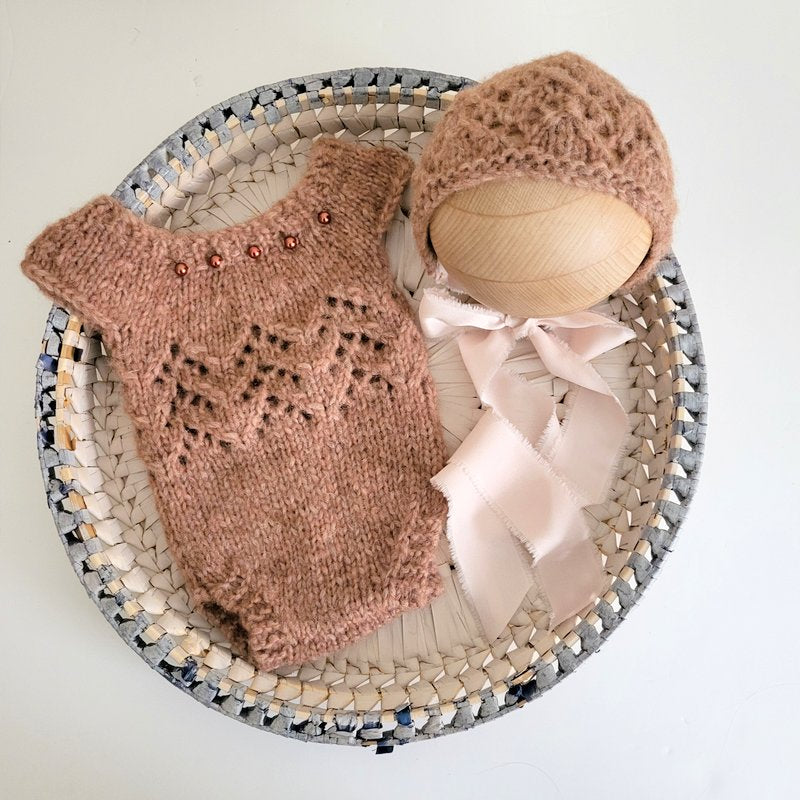 newborn photography prop outfit for a baby girl knit in brown alpaca 