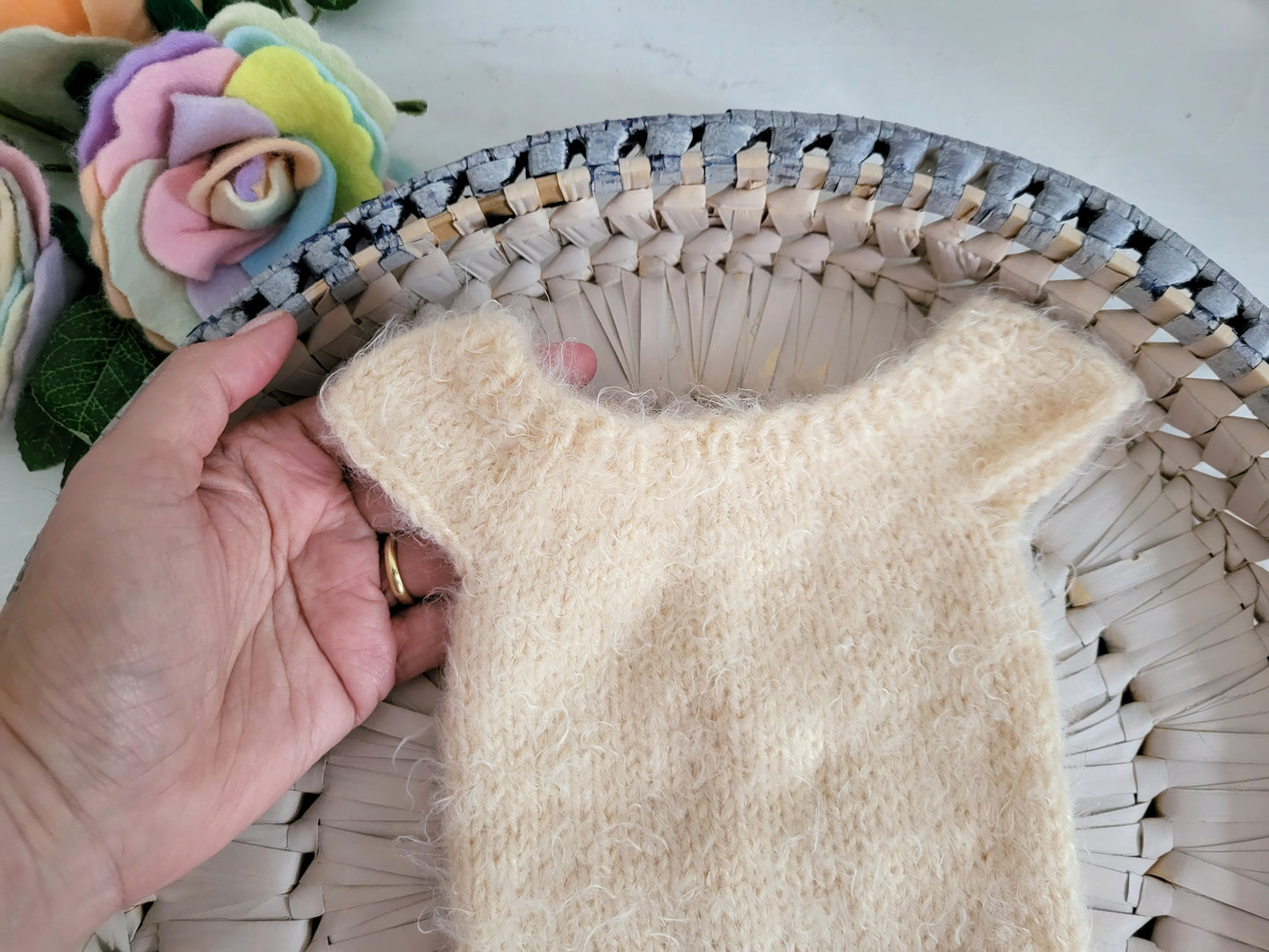 Fluffy Butter Cream Yellow Newborn Romper in soft alpaca yarn  (Ready to Send)