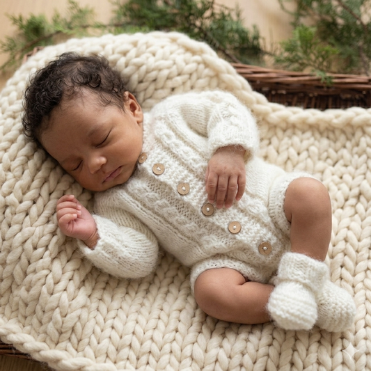 Hand Knit baby romper and bootie set. This darling little romper, has long sleeves, and buttons down the front. Little cables are knit into the sleeves, and down the front too. A matching pair of booties completes the set. Knitted in soft cream alpaca yarn, that is gentle on baby skin, and does not cause allergies.
Perfect as a hospital coming home outfit, newborn photography prop, or baby shower gift. 
It will be shipped to you in a white organza bag, all ready to gift to a new mama.