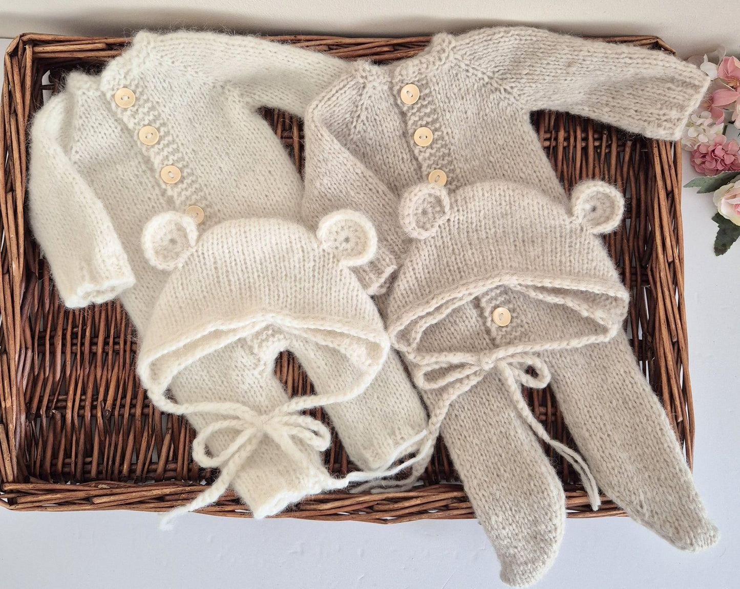 Hand made Baby footed (or open foot) Romper Pyjama And Bear Bonnet set - Newborn to 3 months sizes (Made to order)
